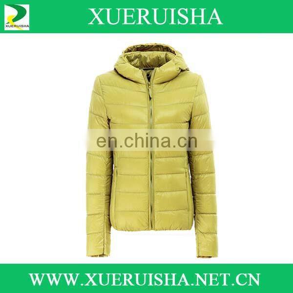 thin woman yellow down jacket with light color and weight