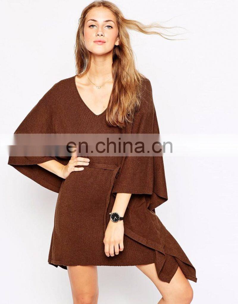 Khaki color Bat sleeves new fashion sweaters poncho for lady