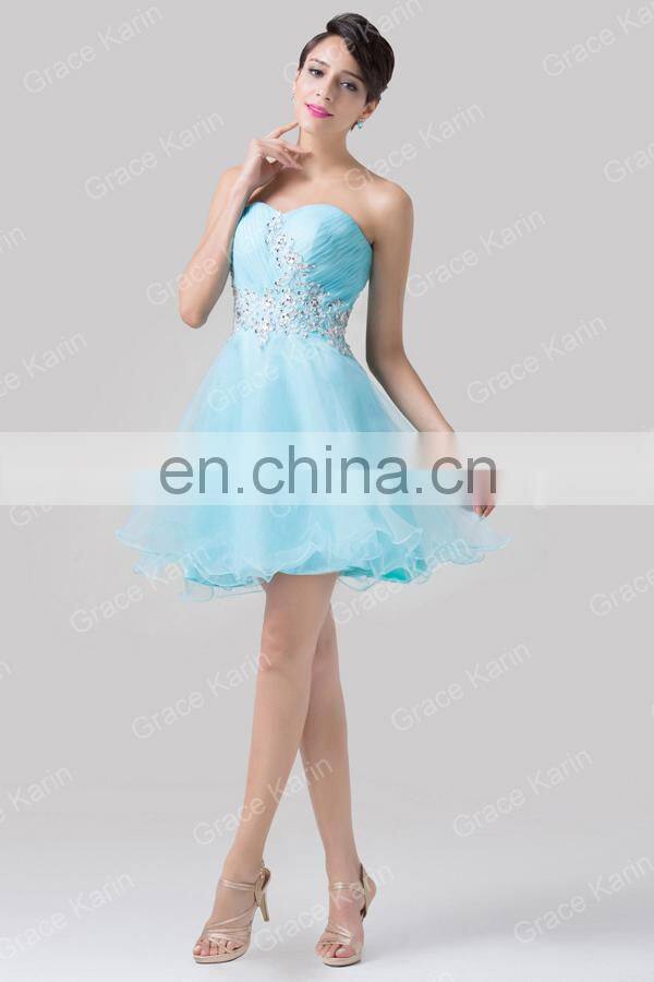 Newest Design of Grace Karin Strapless Short Blue Cocktail Dresses With Shining Rhinestone CL6178