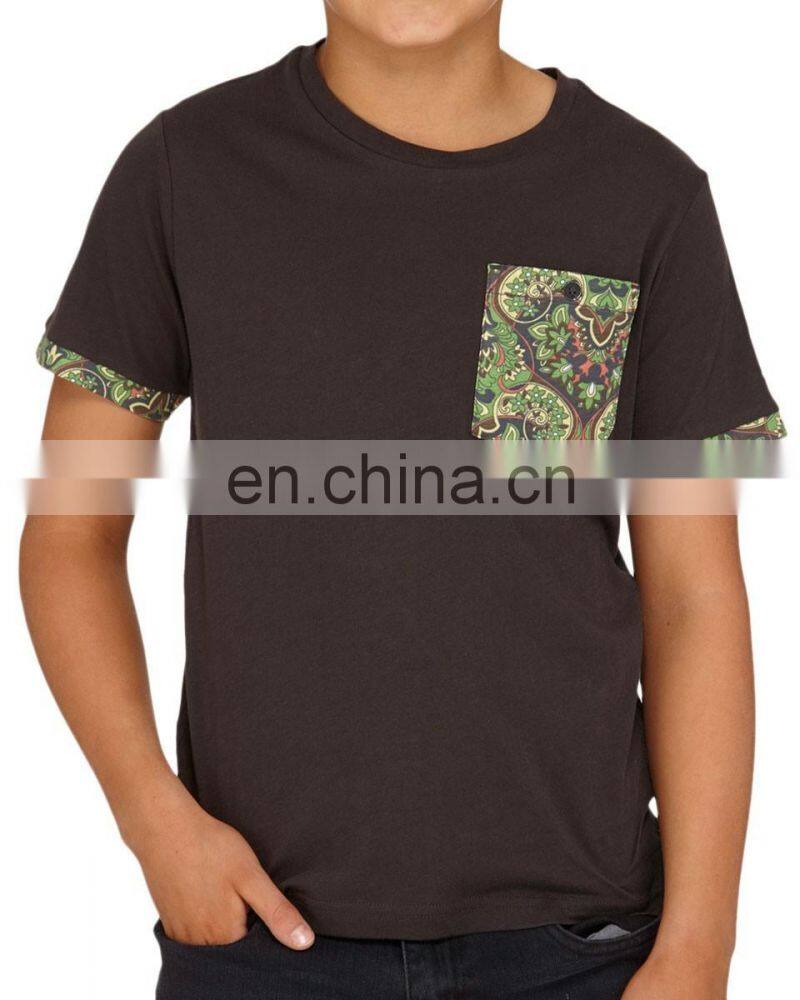 O-neck boys short sleeve cotton t-shirt with water printing check pocket sleeve binding