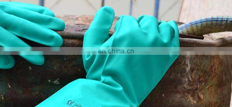 Long Cuff Green Flock Lined Nitrile Chemical Resistant Industrial Disinfect Work Glove