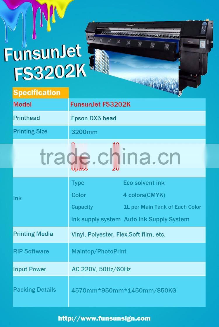 Heavy duty Funsunjet FS3202K 3.2m / 10ft outdoor and indoor advertising printing machine with two DX5 heads 1440dpi