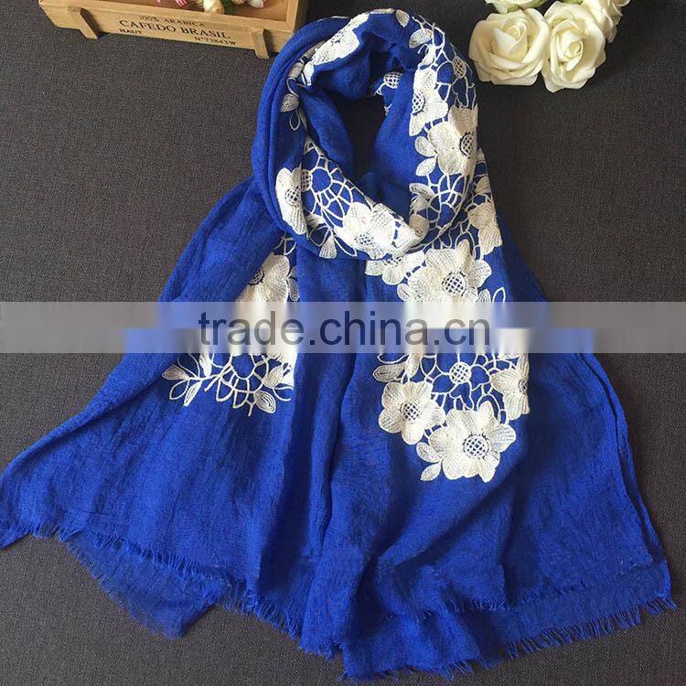 New Style Flower Embroidery Design Fashion Woman Cotton Viscose Scarf