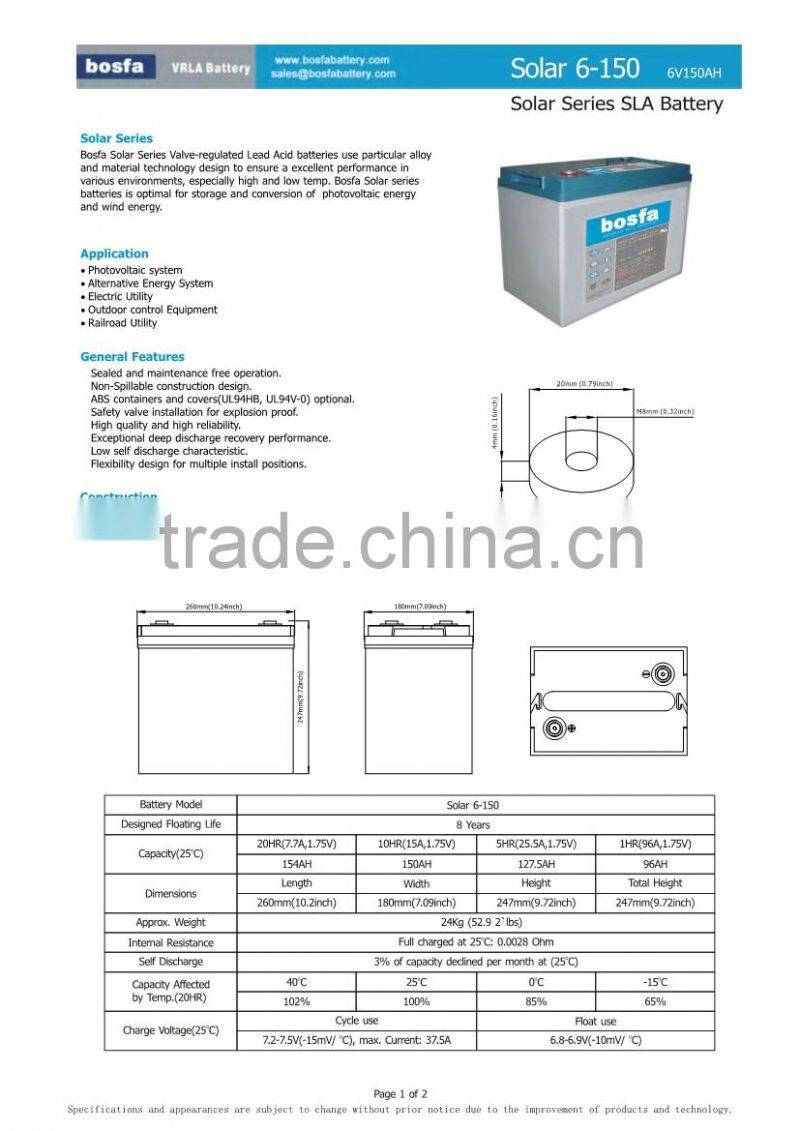 high performance solar battery 6v 150ah solar accumulator 6v 150ah solar industrial storage battery