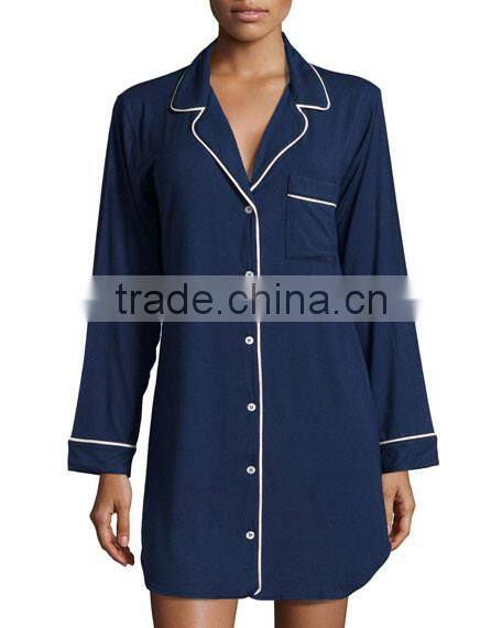 Wholesale cheap ladies long sleeves modal jersey nightshirt with tonal piping and patch pocket shirttail hem
