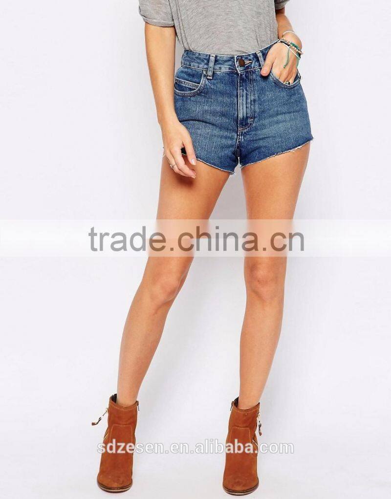 OEM Service 100% Cotton High Rise Denim Jeans Shorts With Raw Hem In Waterfall Mid Wash For Women Wholesale