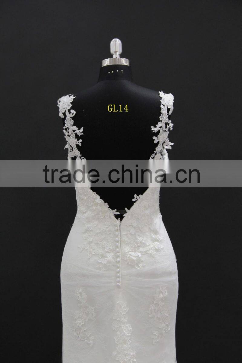 New french over lace sheath pattern long tail wedding dress with slim straps
