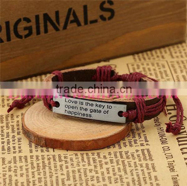 Vintage letters engraved with metal plate pu leather bracelet