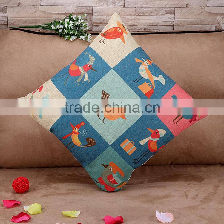2015 Cotton and linen hold pillow Cartoon illustration wind happy bird cushion cover