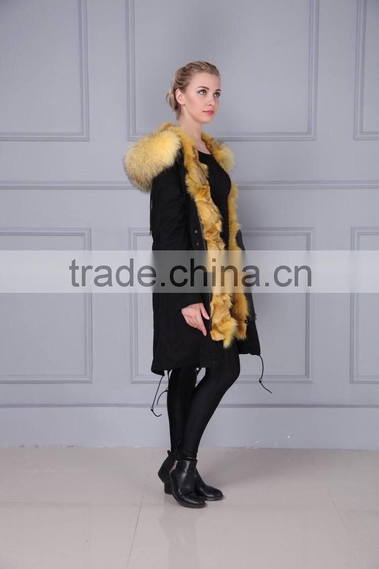 Brand fashion womens genuine fox fur lining parka with raccoon fur hood
