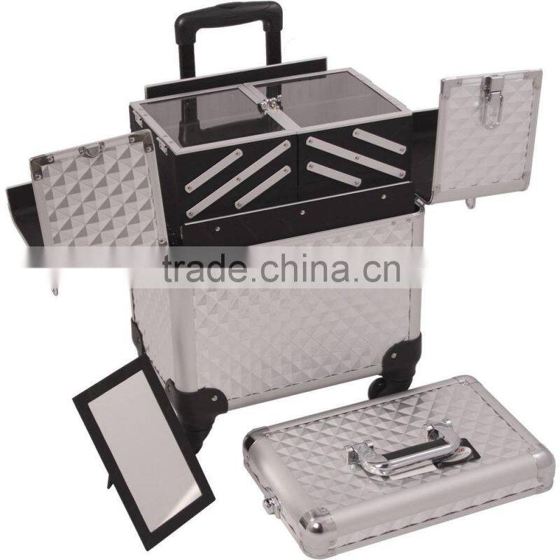 Silver Diamond Professional Aluminum Rolling Cosmetic Case Makeup 3-Tier Trolley