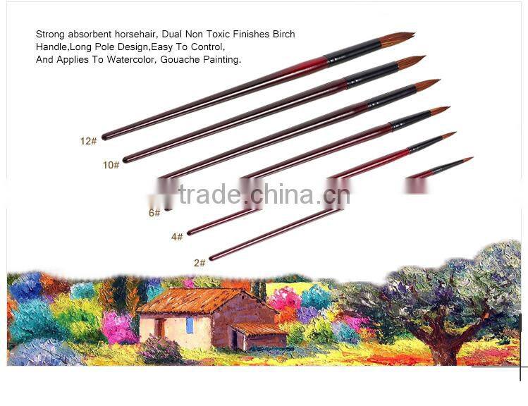 Professional upscale long wooden handle horse hair round artist water color absorbing brush set for watercolor painting