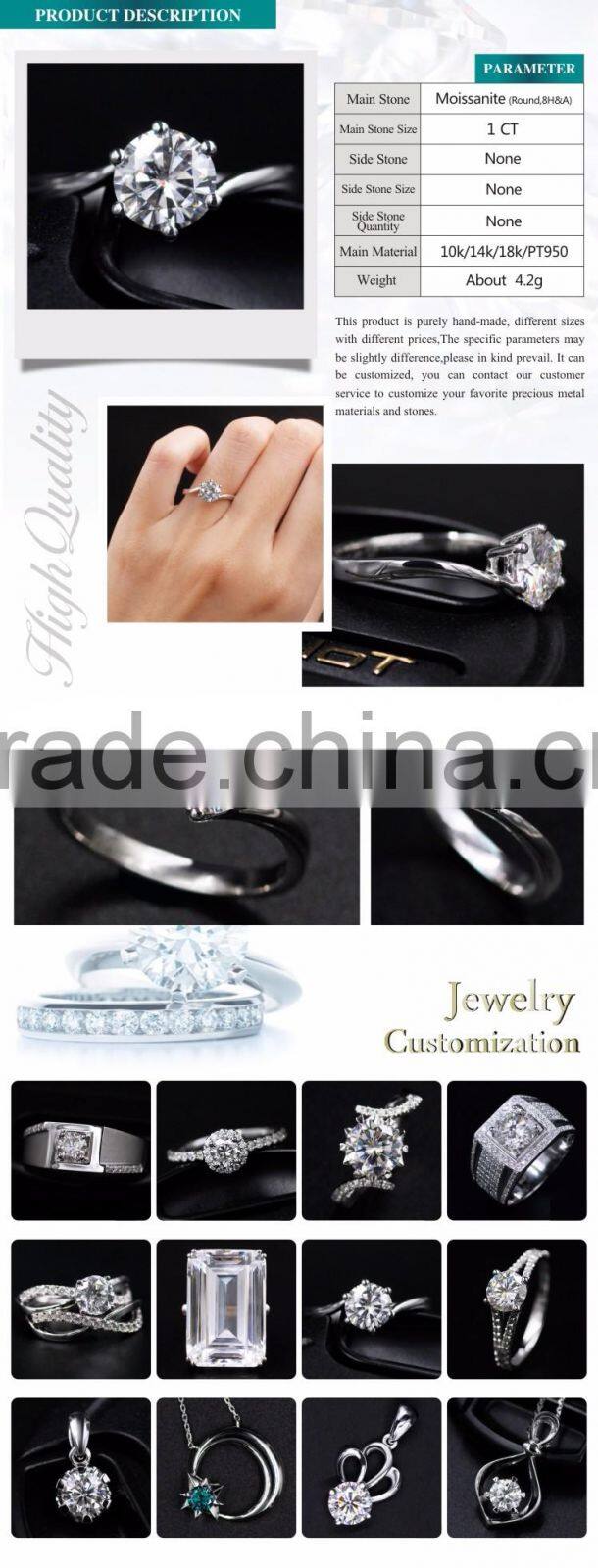 Classical design rings 1ct forever one moissanite diamond 4h sic synthetic moissanite jewelry