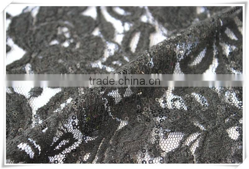 Latest design thin net embroidered sequin fabric, black flower embroidery sequin fabric textile for dress