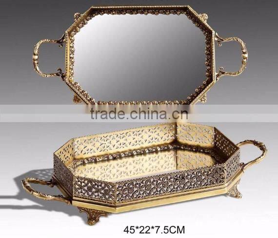Unique Design Brass Oval Mirror Tray, Hand Engraved Gilt Bronze Serving Tray With Mouthed Edge