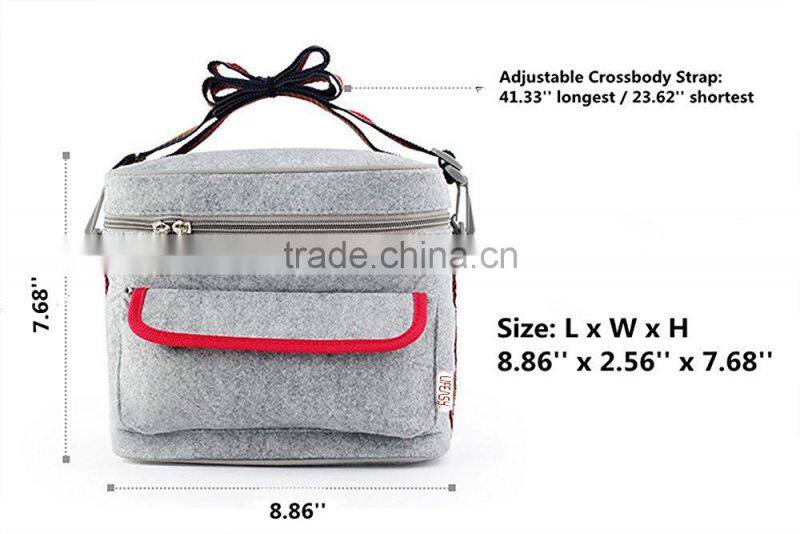Grey Felt adjustable recycled Lunch bag Picnic Cooler bag with zipper