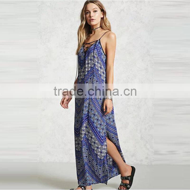 2017 Summer Women Floral Design Chiffon Geometric Maxi Dress HSm9121