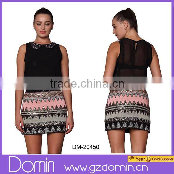 Women Silver Aztec Pattern A line Fitted Sequined Skirts