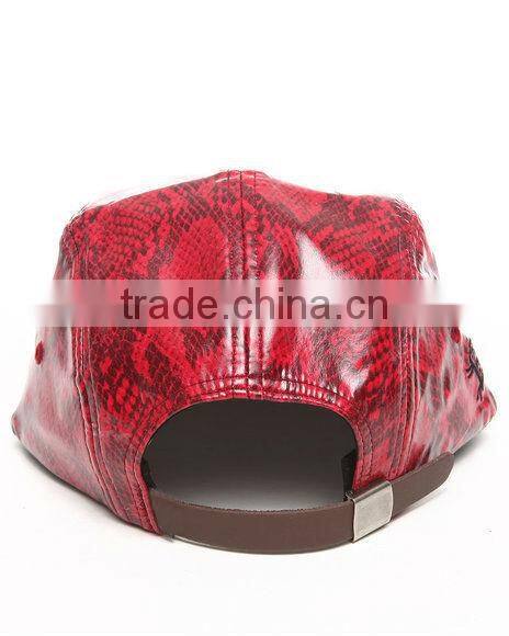 Red fashion snakeskin custom flat brim 5 panel leather hat