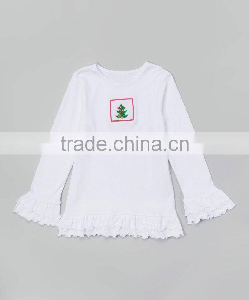 White Smocked Noel Tree Baby Girls Lettuce Edge Tee