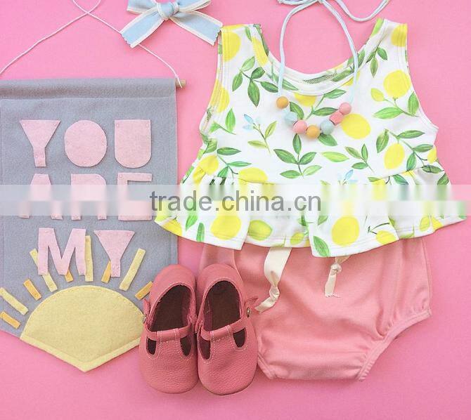 Tropical Lemon Pattern Cotton Fabric Baby Clothes Sleeveless Shirt Shorts Set