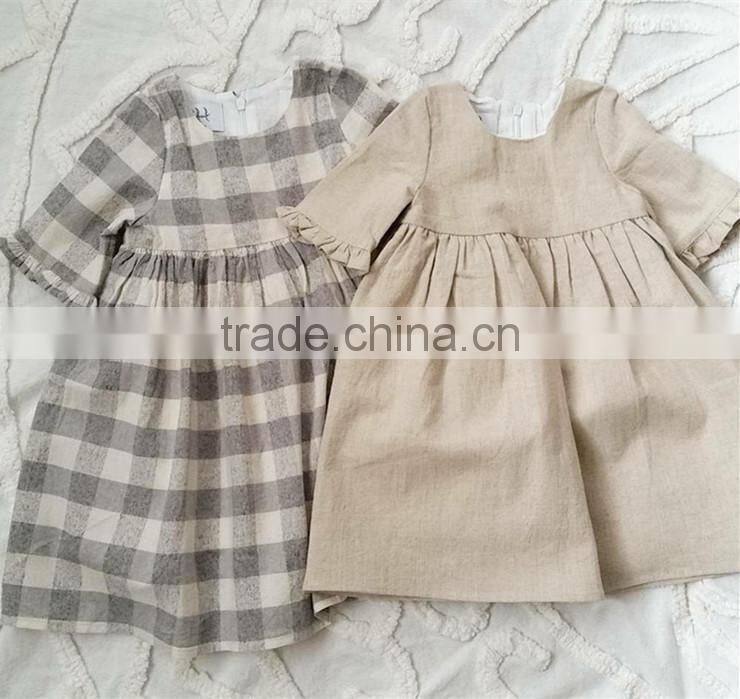 Grey/Cream Check Linen Dress Light Weight Linen Blend Summer Kids Party Dresses