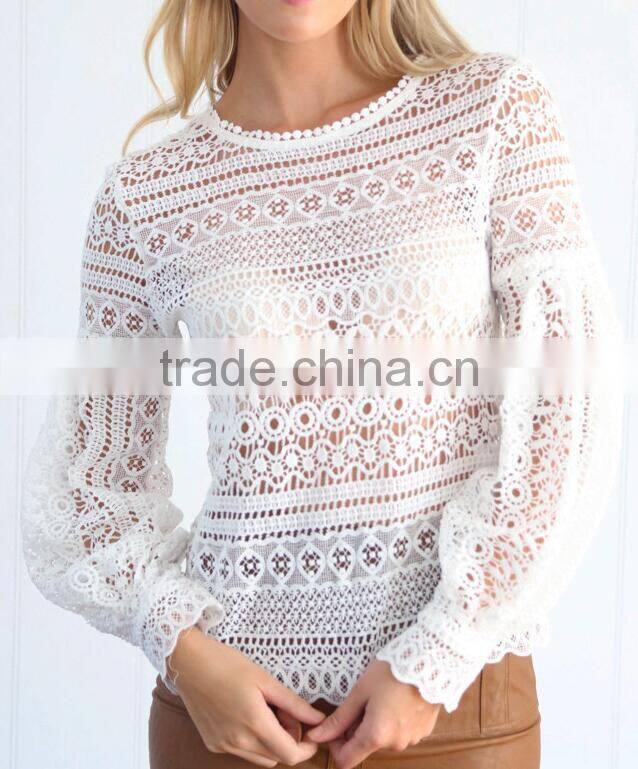 Runwaylover 118 Ladies 2017 Fashion Puff Sleeve Lace Transparent Blouse