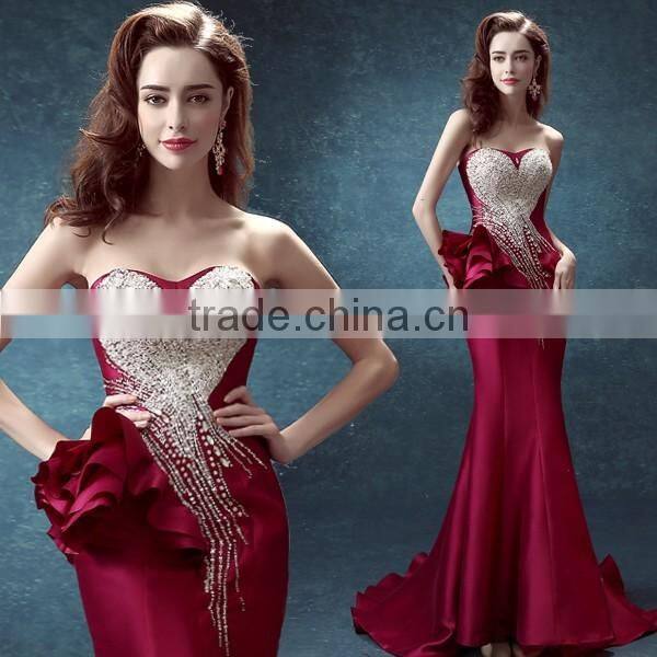 High quality red fish feast slim evening dress without shoulder for women 2016