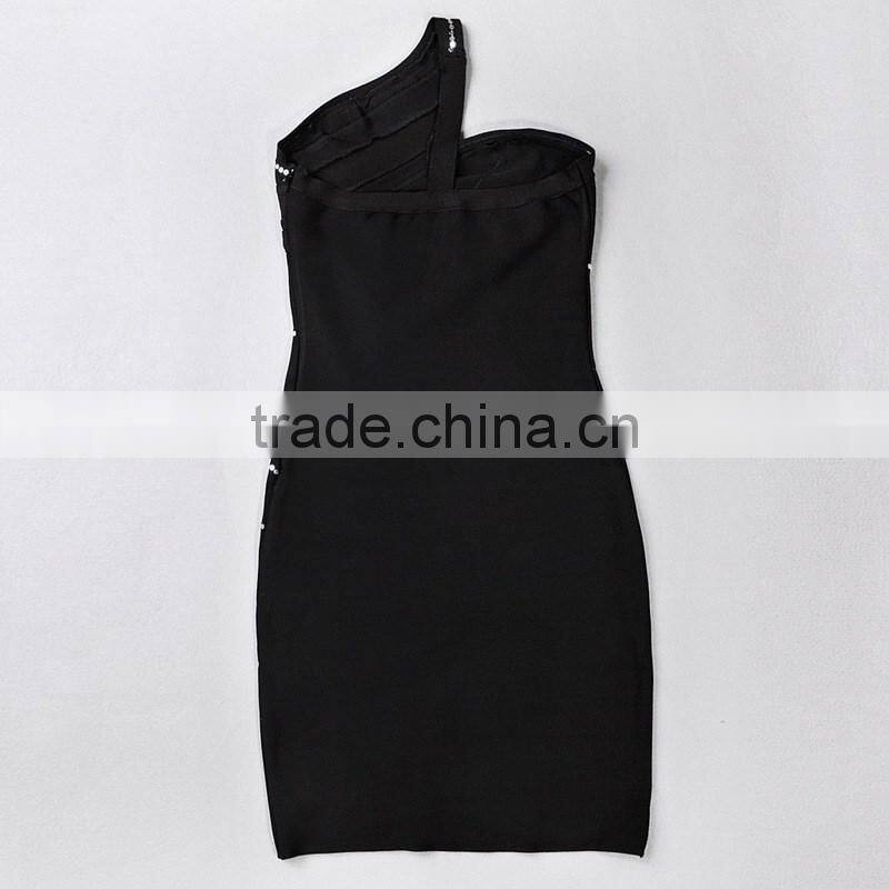 New Designer One Piece Sexy Flash Stripes Black One-shoulder Party Dress