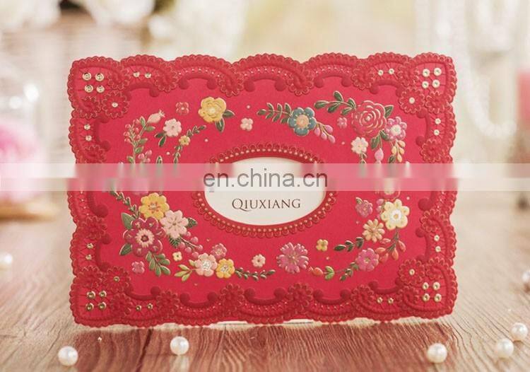 New Greeting Card 6021 Flower Embossed Red Laser Cut Wedding Invitation Cards