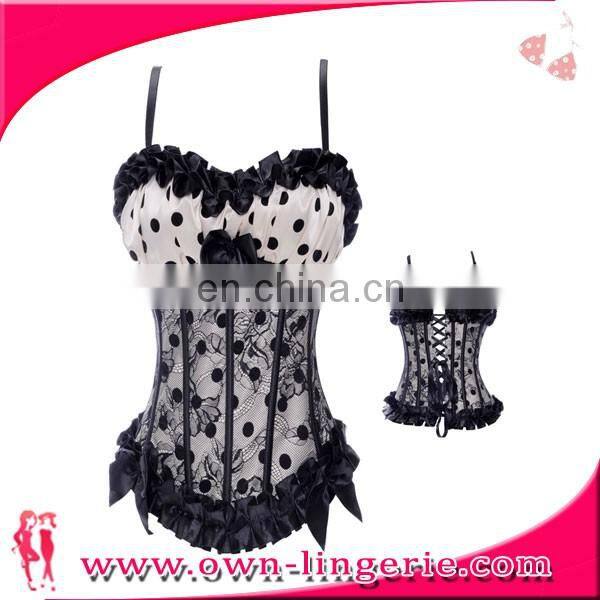 Classic Wholesale Front Three Bows and Lace corset with straps and dots printing corset