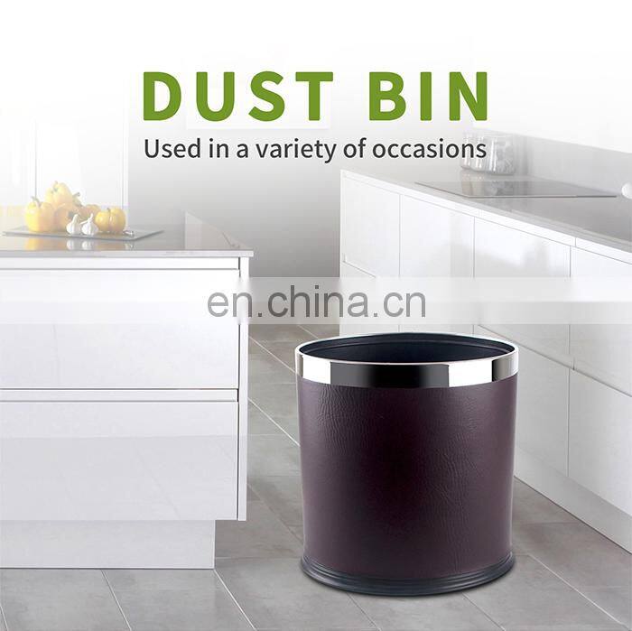 Honeyson hotel room 10L round leather stainless steel waste dust bin