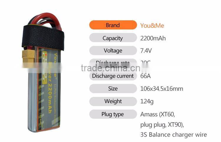 High discharge rate rechargeable battery 2200mah 7.4V
