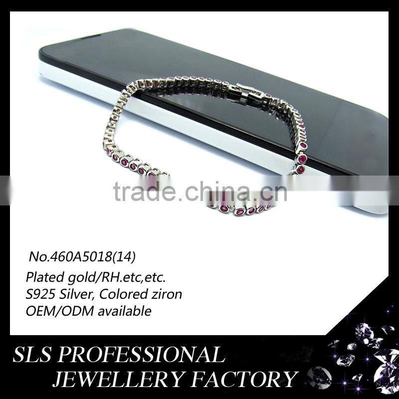 2015 Latest design 925 stering silver rhodium plated beautiful ruby stone bracelet for gilrs