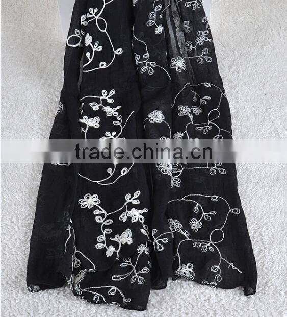Winter Spring Fashion Long Cotton Flower Machine Embroidery Scarf