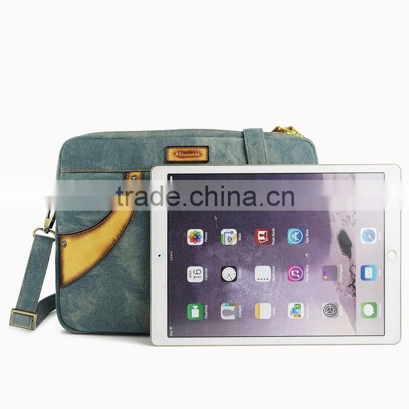 Genuine leather bag women designers laptop bag shoulder bag for ipad with jean denim