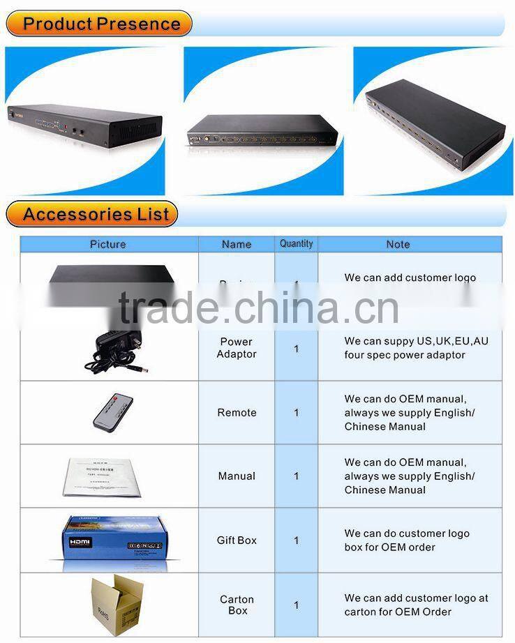 8x2 hdmi switch splitter with RS232 , IR and digital audio output