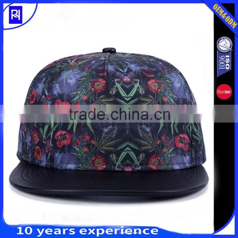 New fashion Digital printing pattern fabric 5 panel snapback hats with leather brim