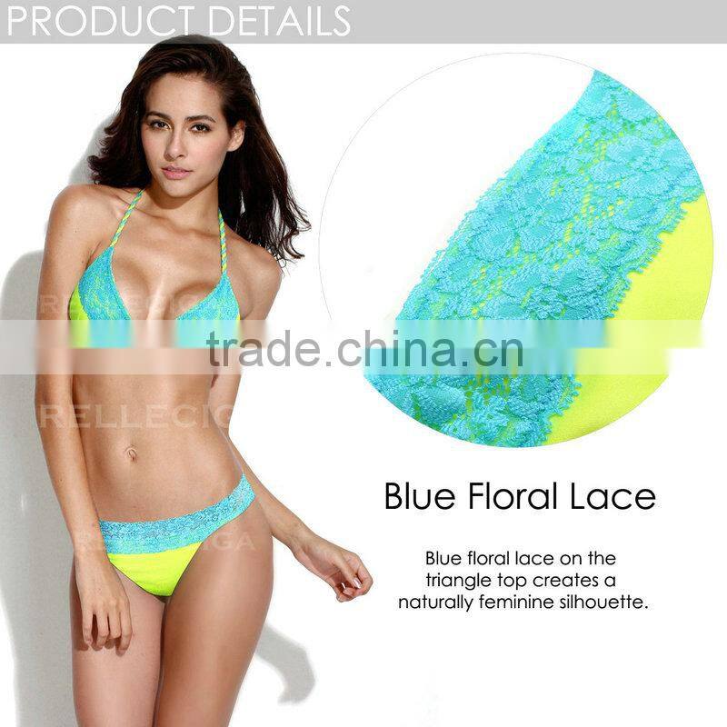 2016 RELLECIGA New Neon Yellow + Blue Floral Lace Bikini Swimsuit with Triangle Top and Brazilian Cut Scrunch B