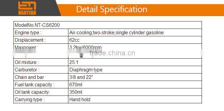 62cc gasoline chain saw 24 inch 2 stroke chain saw