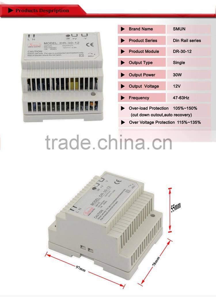 12V/15V/24V/48V 30W Din-Rail Switching Power Supply With CE ROHS 2 Years Warranty DR-30-12