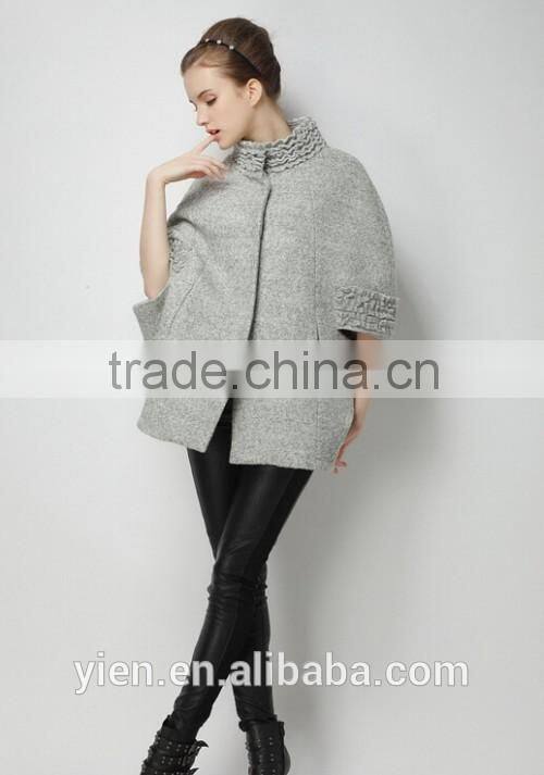 Fashion Gray Knitted Coat Ruffles Neck And Sleeves Knitted Coat