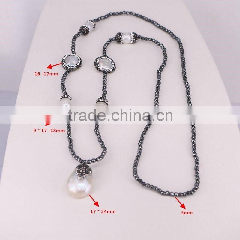 Natural Pearl Gemstone Necklace, Drop Pearl Pendant Charm Hematite Beads Necklace