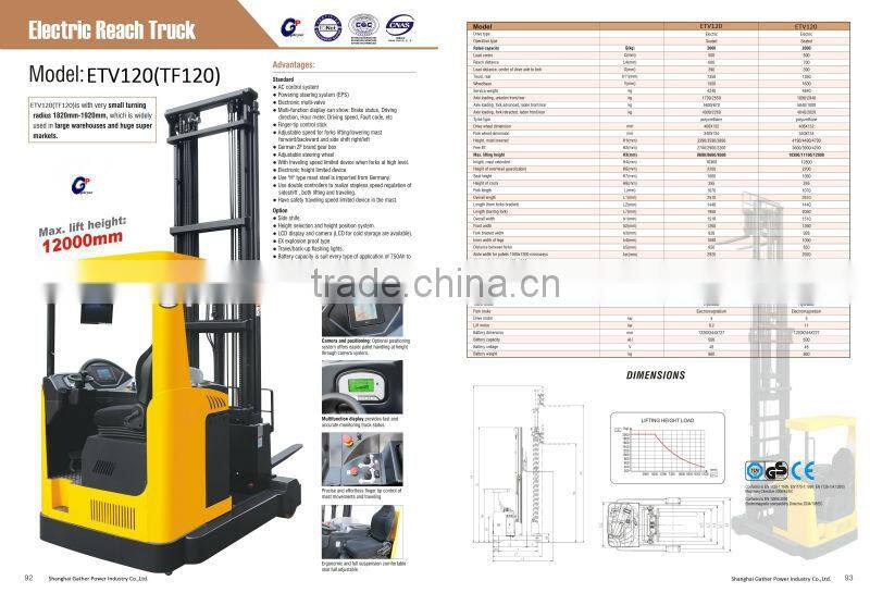 Reach forklift with 12 meters lifting height