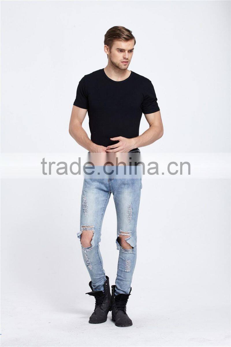 Korea style men ripped jeans washed ankle destroyed pants