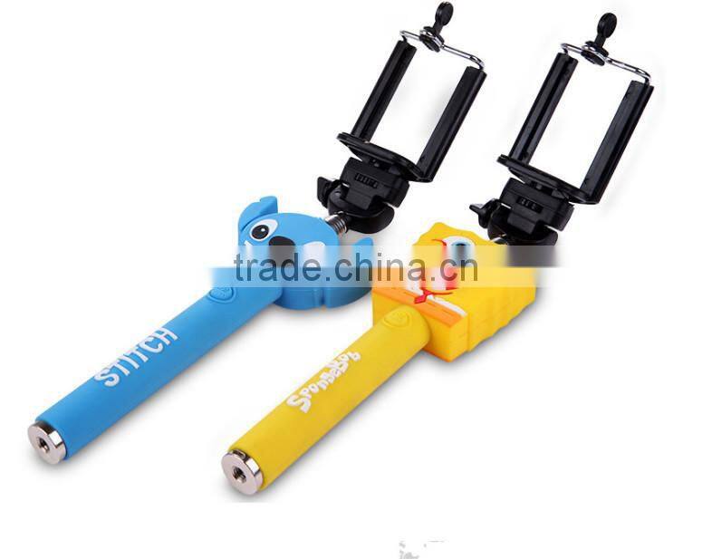 cute cartoon design handheld extendable Cable Take Pole selfie stick/ cartoon monopod