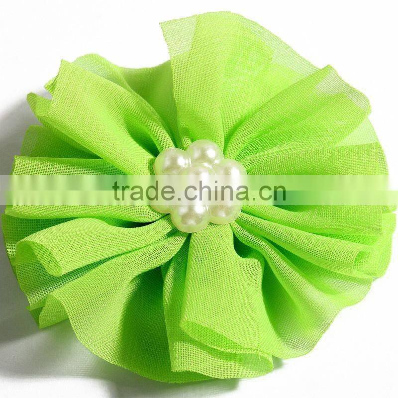 fabric chiffon flower with pearl beads center for kids hair accessories