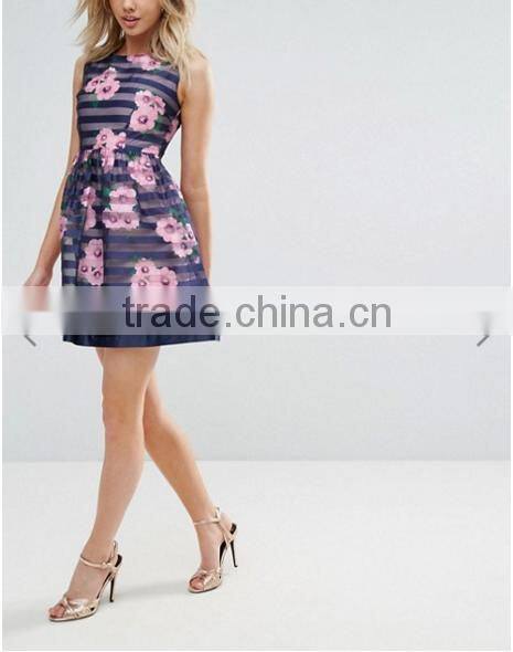 Floral Print pattern Stripe Organza Sleeveless Dress/women dress/clothing