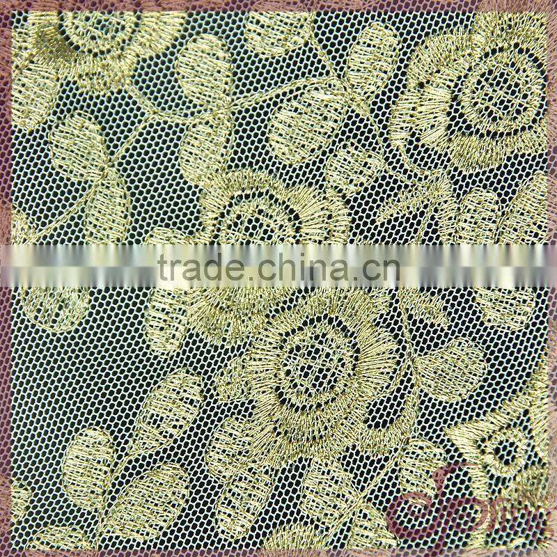 Floral gold metallic yarn embroidered tulle fabric, elegant tulle lace fabric