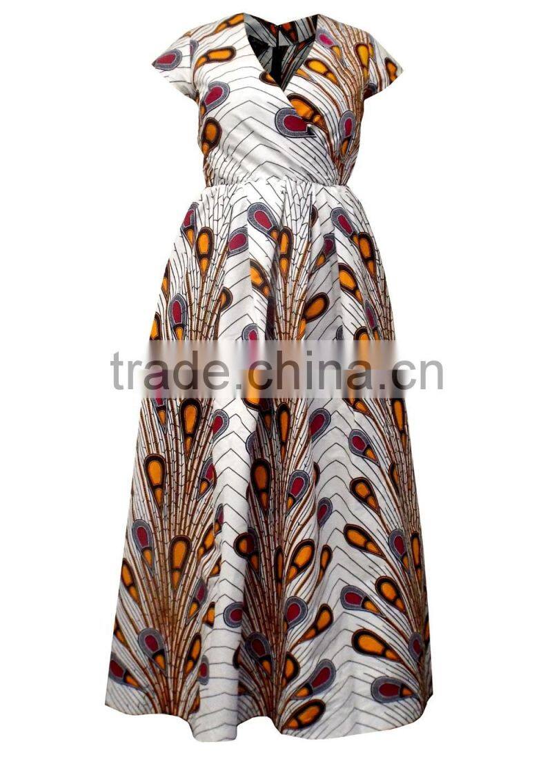 White Peacock Feathers African Print Patterns Faux Wrap Maxi Dress African Dashiki HSd5030